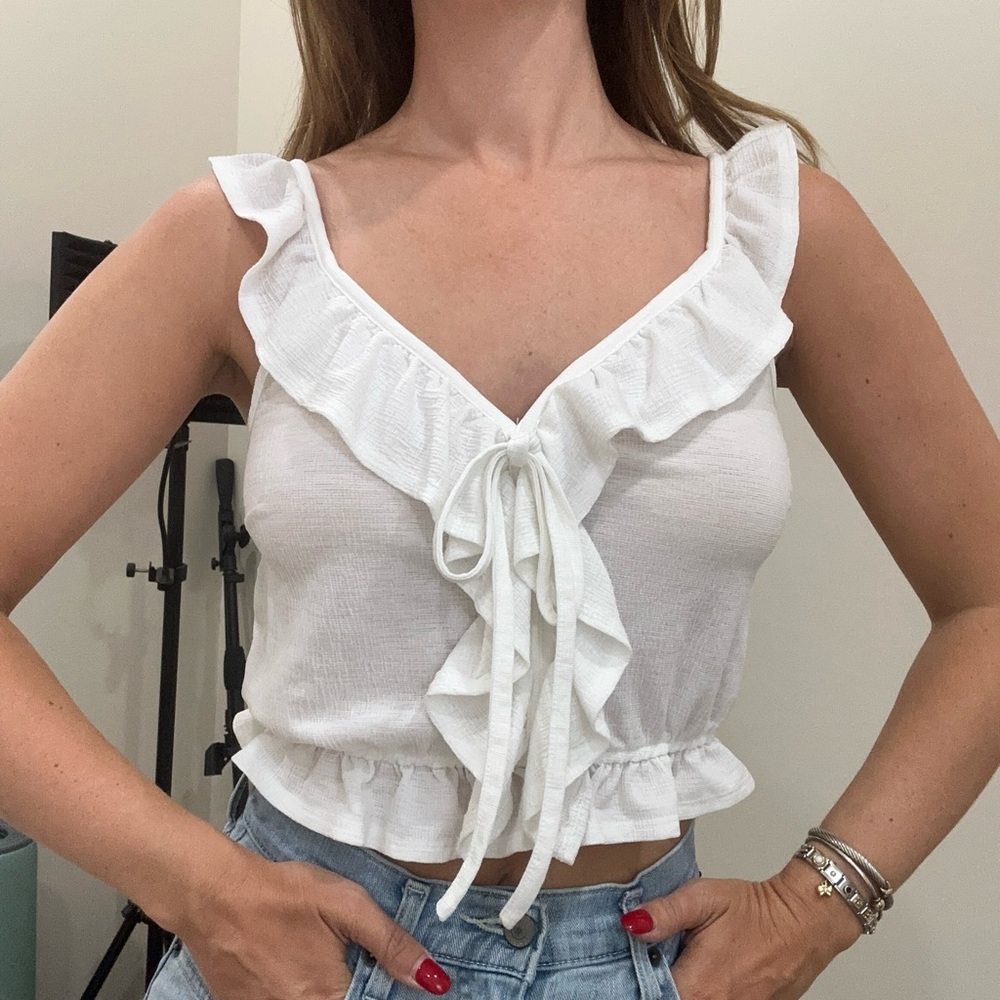 Iris White Ruffled Tie Front Crop Tank